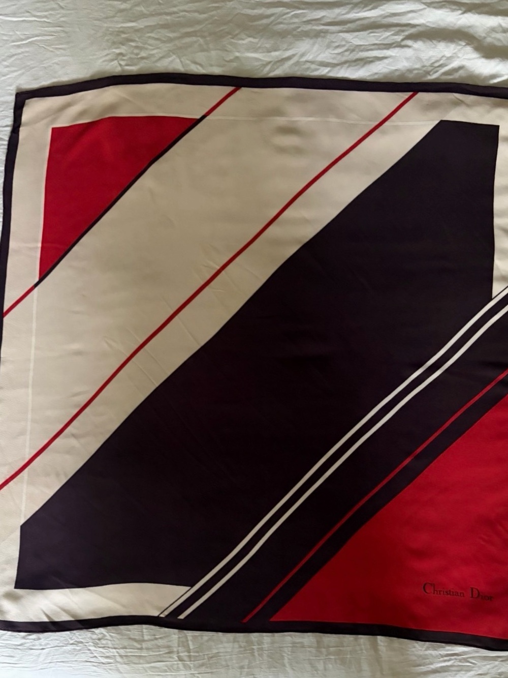 Dior Vintage Red Black Cream Geometric Silk Scarf